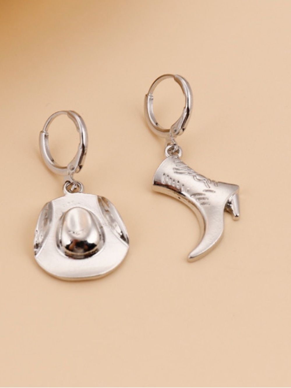 Silver Cowboy Hat and Boot Asymmetric Hoop Earrings